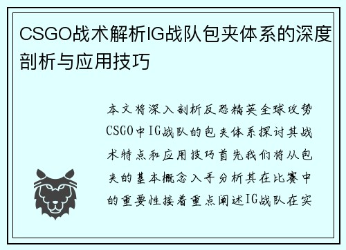 CSGO战术解析IG战队包夹体系的深度剖析与应用技巧