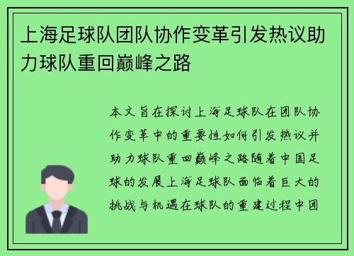 上海足球队团队协作变革引发热议助力球队重回巅峰之路
